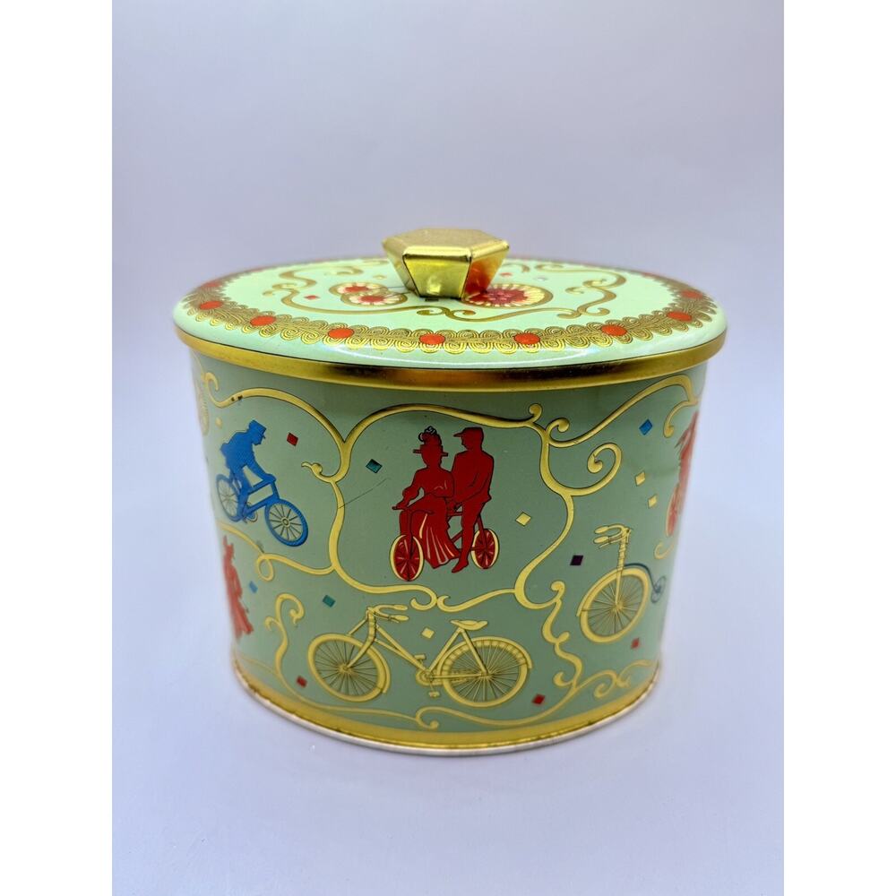 VTG Biscuit Tin Bicycle Theme 1960’s Green Gold Baret Ware England Art Grace